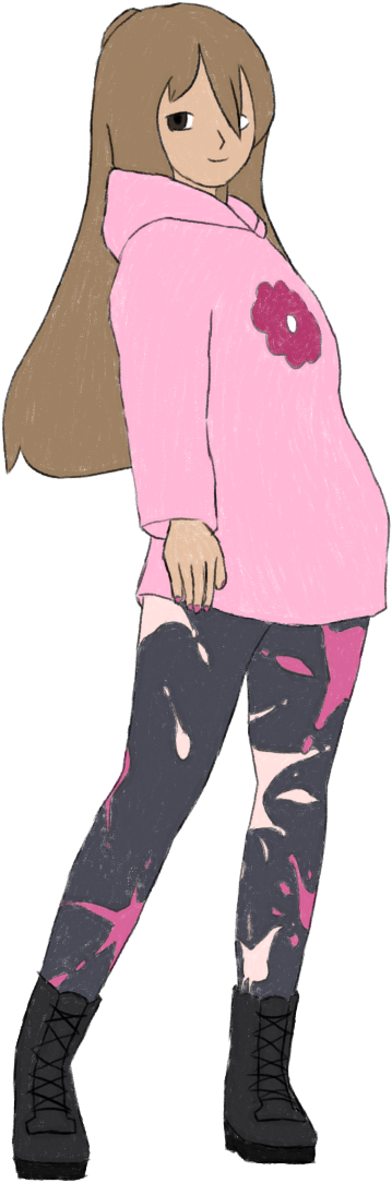 Digital pencil & colour-pencil drawing of Luna. She has medium-light skin, brown eyes, and long light-brown hair. She is at a 30 degree angle, but she has her head twisted slightly towards you. 
She is wearing a pink hoodie with a dark pink flower on it, gray pants with light- & dark-pink paint splatters, and black boots.