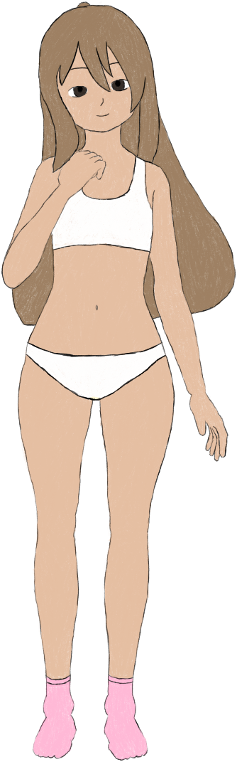 Digital pencil & colour-pencil drawing of Luna. She has medium-light skin, brown eyes, and long light-brown hair. She is facing directly towards you, with her right hand up above her breast.
She is wearing pink ankle-socks, and a white training bra & panties. The panties are slightly pee-stained.
