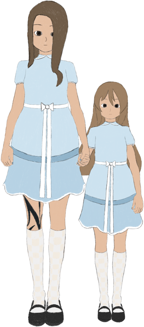 Digital pencil & colour-pencil drawing of Luna & Lucy. They are dressed as and posing like the twins from The Shining, but Lucy is much taller than Luna so it is a little awkward.