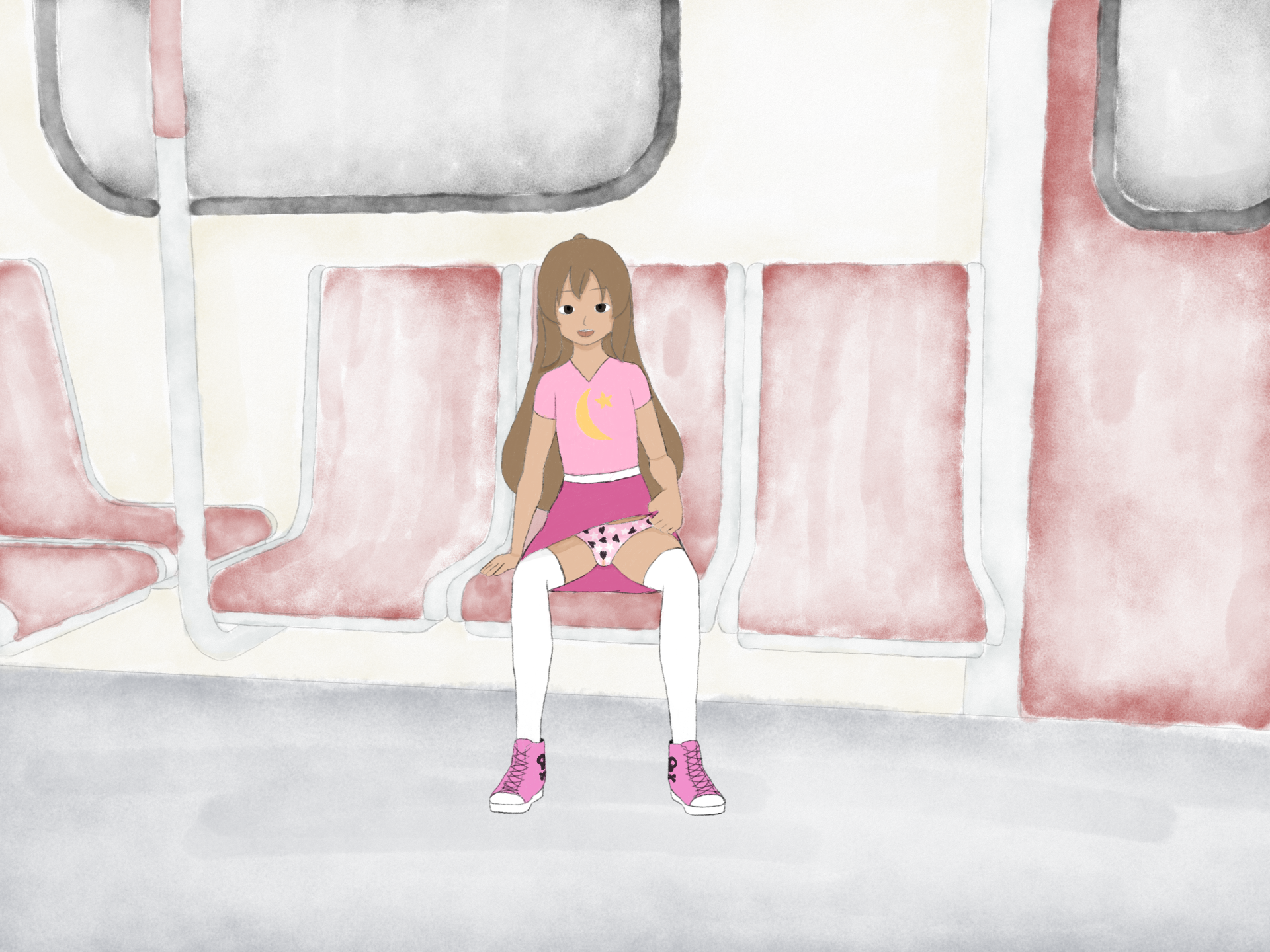Digital pencil, colour-pencil, & watercolour drawing of Luna. She has medium-light skin, brown eyes, and long light-brown hair. She is wearing a light pink V-neck T-shirt with a crescent moon & star print, a darker pink skirt with a white waistband, light pink panties with a pattern of white stars and black hearts, white over-the-knee socks, and pink canvas high-top shoes with black skull-and-crossbones printed on the inner-sides. Her panties are slightly pee-stained.
She is sitting in the middle of three seats on an otherwise empty TTC H6 subway car, staring directly at you with her tongue out, and lifting her skirt to show off her panties.