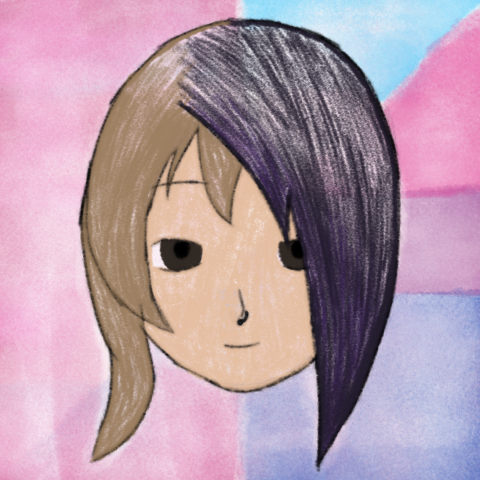 A digital pencil, colour-pencil, and watercolour drawing of Luna & Lucy. Luna is the left half of a complete face, while Lucy is the right half of a complete face. Lucy's half has purple hair covering her left eye, while Luna's half has honey brown hair. The background is also split, with the left half being watercolour pink gingham, and the right half being a horizontally-split transgender & bisexual flags.